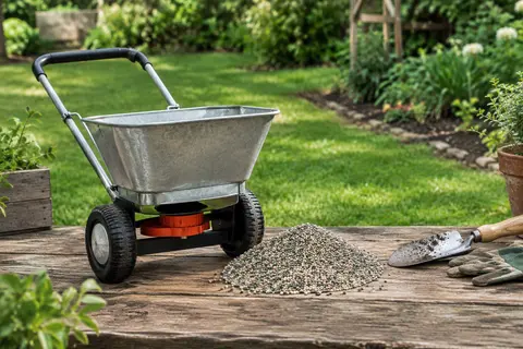 Granulés d’engrais pour gazon près d’un épandeur manuel dans un jardin entretenu.