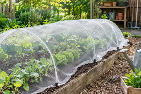 Filet blanc en polyéthylène posé sur des jeunes légumes dans un potager, soutenu par des arceaux.