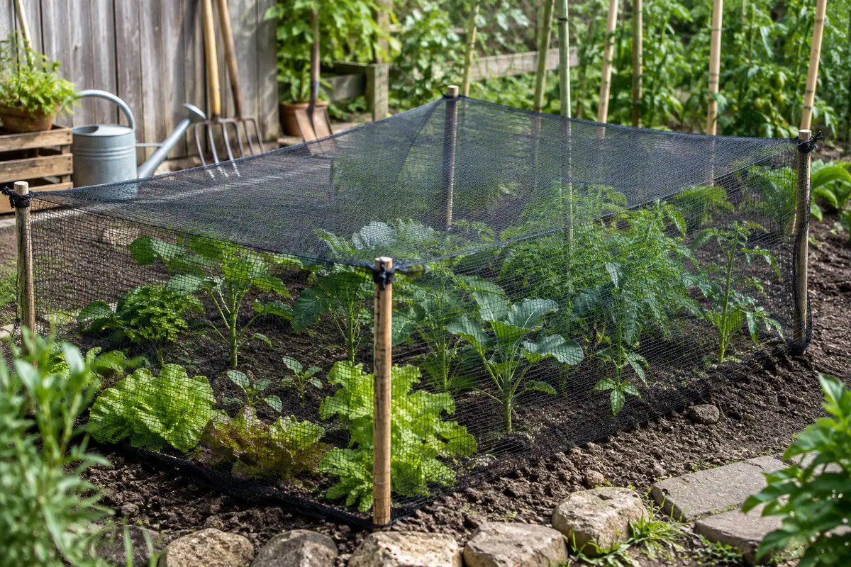 Filet noir à mailles fines tendu au-dessus de jeunes légumes dans un jardin cultivé