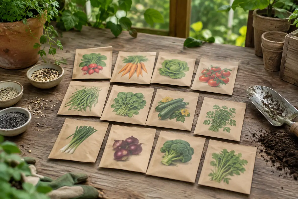Assortiment de sachets de graines potagères posé sur un établi en bois avec quelques graines visibles