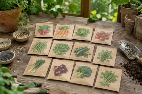 Assortiment de sachets de graines potagères posé sur un établi en bois avec quelques graines visibles