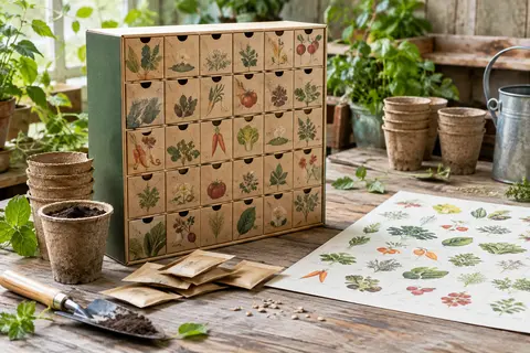 Calendrier de l’Avent en carton et sachets de graines posés sur une table en bois dans un atelier de jardin