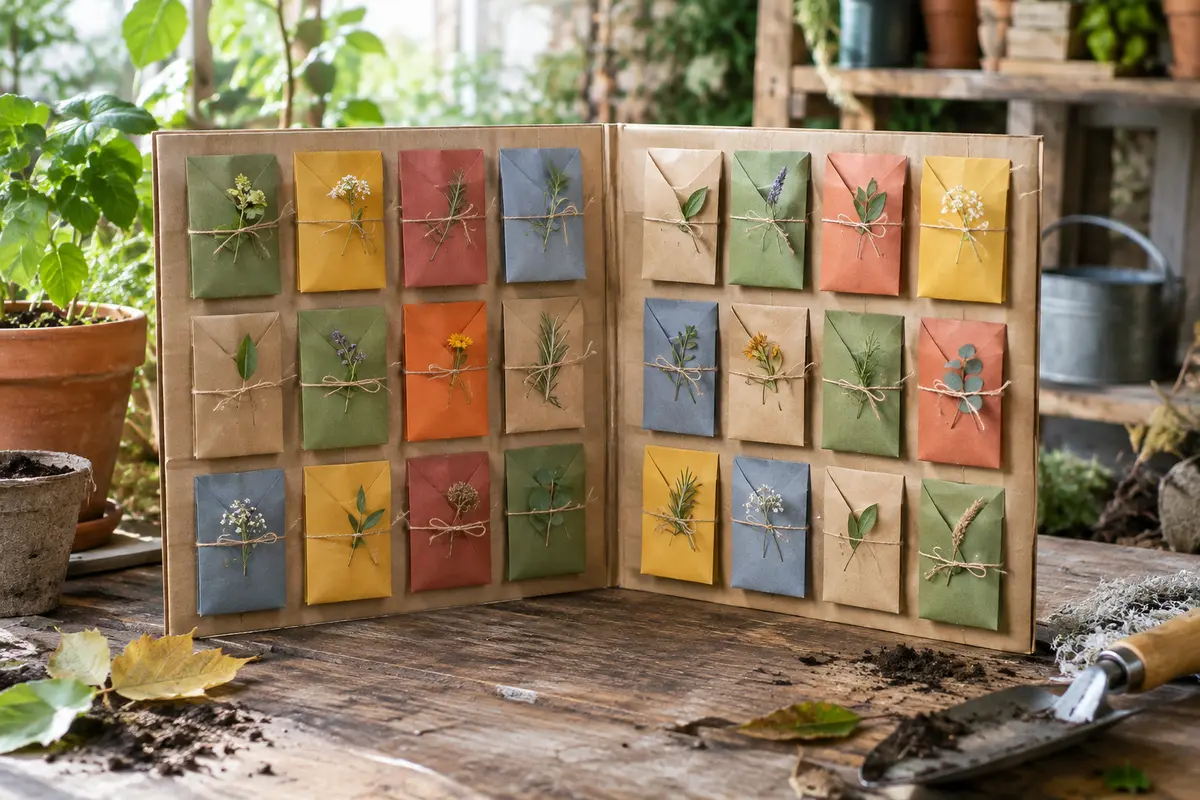 Calendrier de l’Avent en papier avec 24 sachets de graines, posé sur un établi de jardin en bois.