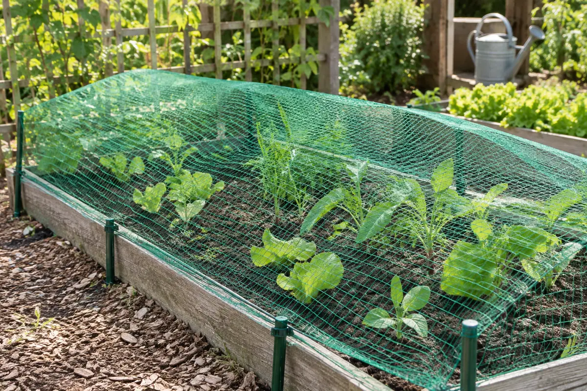 Filet de jardin vert à mailles carrées installé au-dessus de jeunes plants dans un potager