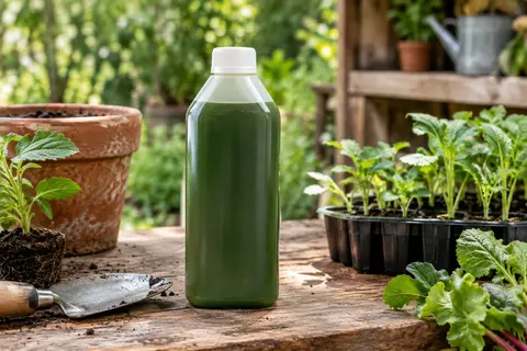 Flacon d’engrais liquide au phytoplancton marin posé près de jeunes plants dans un atelier de jardin.