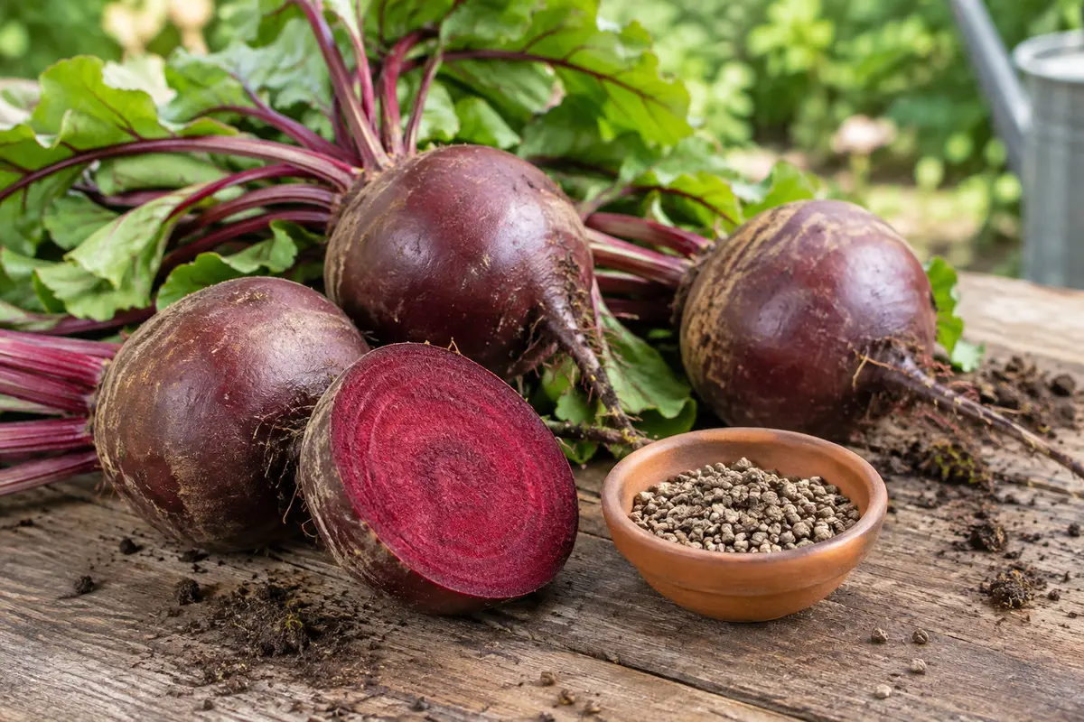 Betteraves rondes rouges avec feuillage frais et quelques graines sur une planche en bois