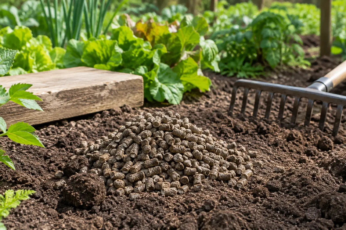 Granulés d’engrais organique répandus sur la terre d’un potager, avec un râteau en métal à proximité
