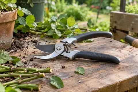 Sécateur de jardin Mijova argenté à lames bypass posé sur un établi en bois près de feuillage.