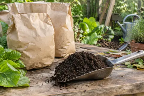 Lombricompost brun présenté dans une pelle en métal près de sacs sobres, dans un atelier de jardin
