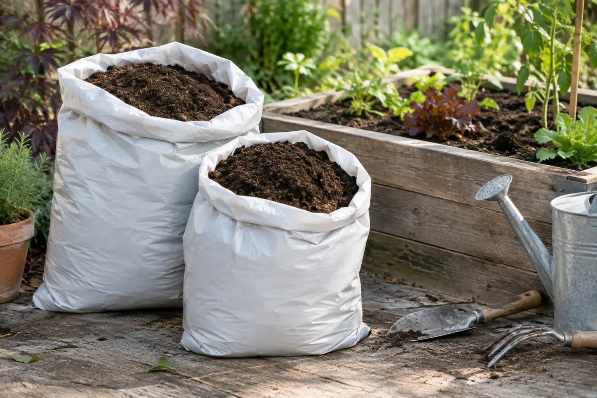 Deux sacs ouverts de terreau universel brun près d’un bac de plantation dans un jardin cultivé.