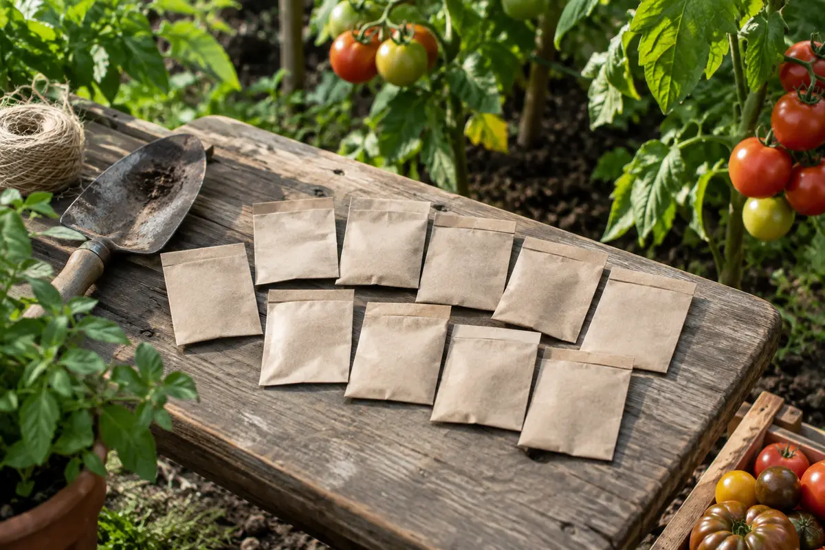 Dix sachets de graines de tomates posés sur du bois près de plants dans un potager.