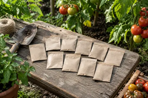 Dix sachets de graines de tomates posés sur du bois près de plants dans un potager.