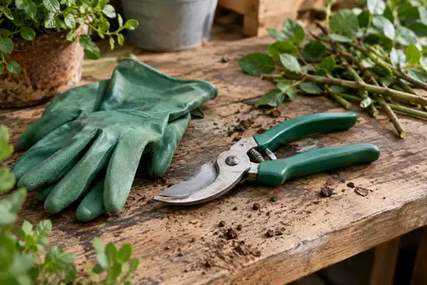 Sécateur manuel vert à lame métallique accompagné d’une paire de gants en caoutchouc sur un établi en bois