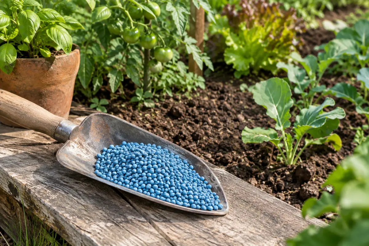Granulés bleus d’engrais dans une pelle en métal posée près d’un potager sur terre cultivée