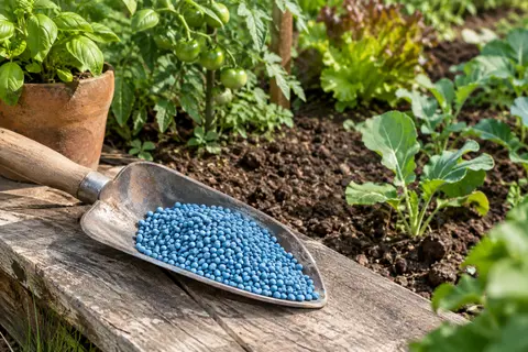 Granulés bleus d’engrais dans une pelle en métal posée près d’un potager sur terre cultivée