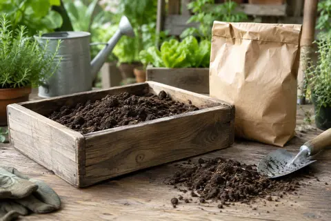 Amendement organique terreux présenté dans un bac en bois, avec un outil de jardinage en métal