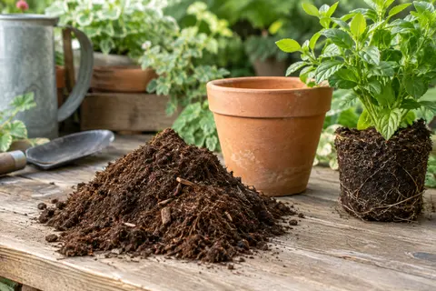 Terreau brun à texture fibreuse près d’un pot en terre cuite et d’une plante à rempoter
