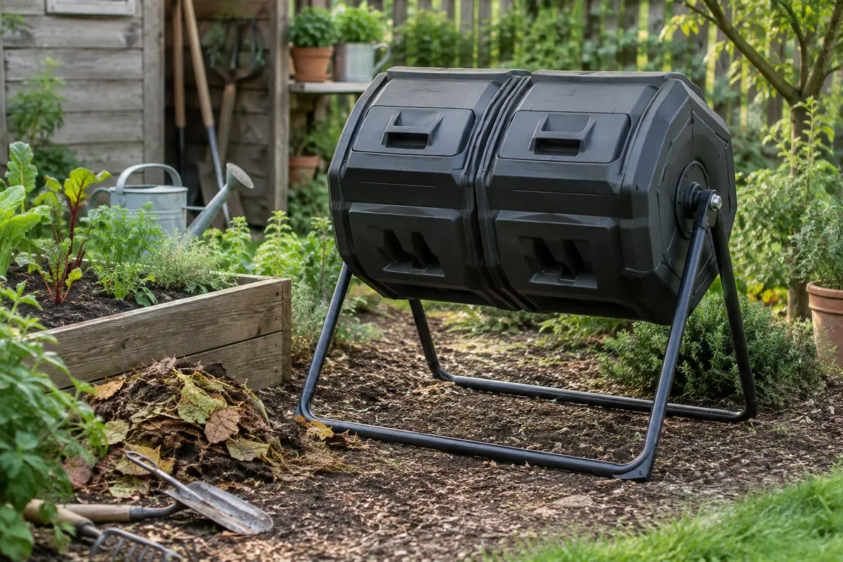 Composteur noir à deux chambres rotatives sur une base en acier, installé près d’un potager.