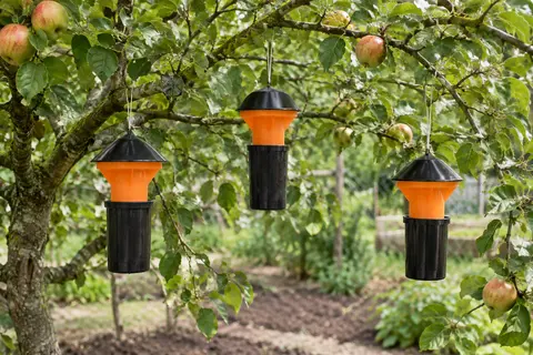Trois pièges à phéromones noirs et orange suspendus par une ficelle dans un pommier du jardin