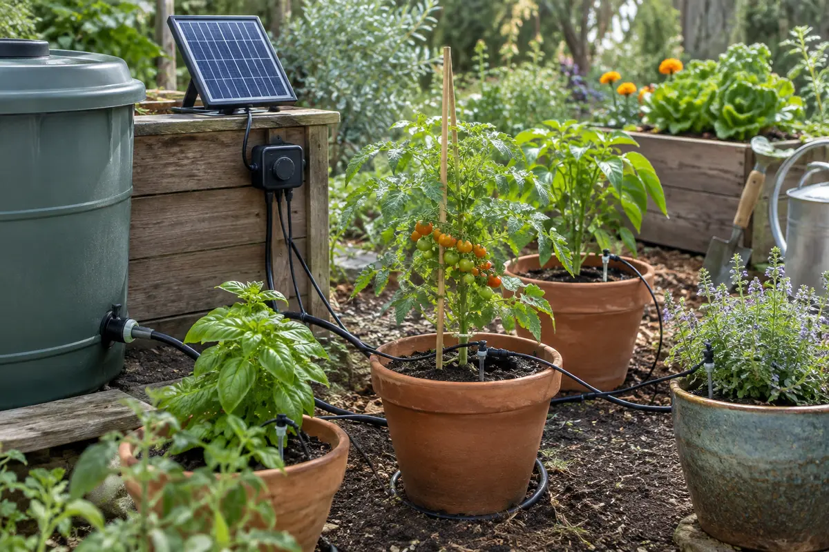 Kit d’arrosage solaire avec tuyaux goutte-à-goutte reliant plusieurs pots dans un jardin