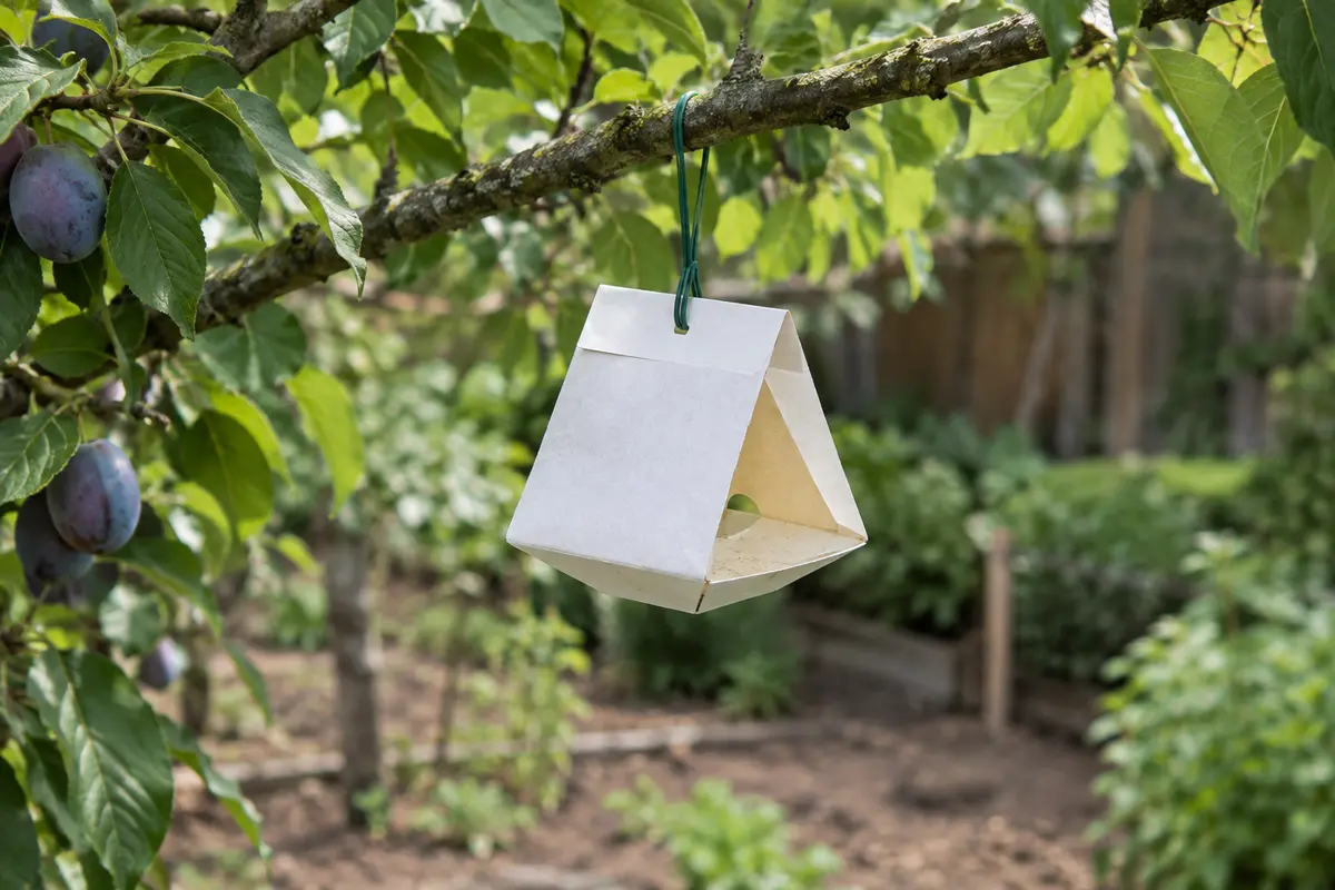 Piège fermé en papier à phéromones suspendu à une branche de prunier dans un jardin