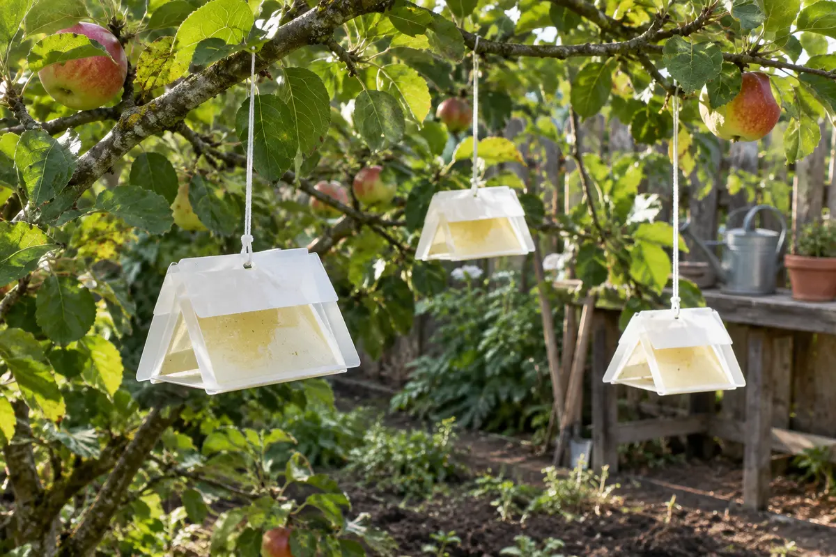 Trois pièges à phéromones suspendus aux branches d’un pommier dans un jardin