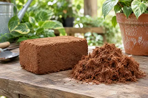 Bloc compact marron de fibre de coco avec un petit tas de substrat réhydraté sur un établi de jardin.