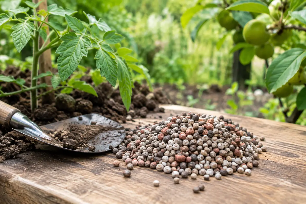 Granulés d’engrais posés sur du bois patiné près de terre et de feuillage potager