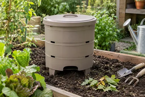 Lombricomposteur de jardin taupe à couvercle, installé dans la terre d’un bac potager.