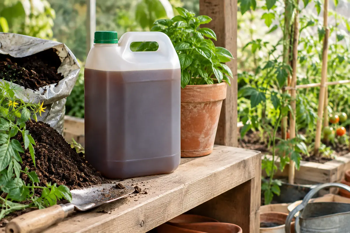 Bidon de 2 L d’engrais liquide près d’un potager, dans la lumière douce d’un atelier de jardin
