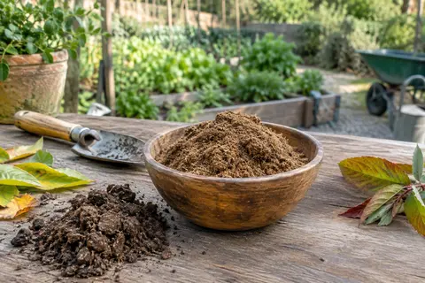 Tourbe blonde fine brunâtre dans un bol en bois, avec un transplantoir et de la terre sur une table de jardin