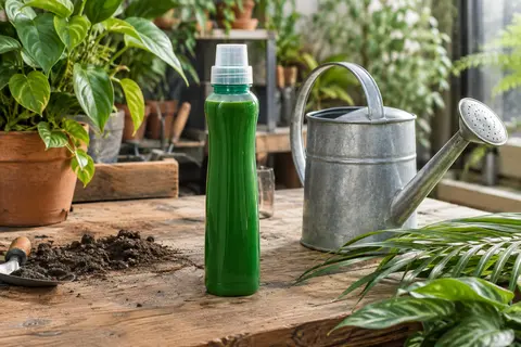 Bouteille verte d’engrais liquide avec bouchon doseur posée sur un établi de jardin près de feuillage et d’un arrosoir