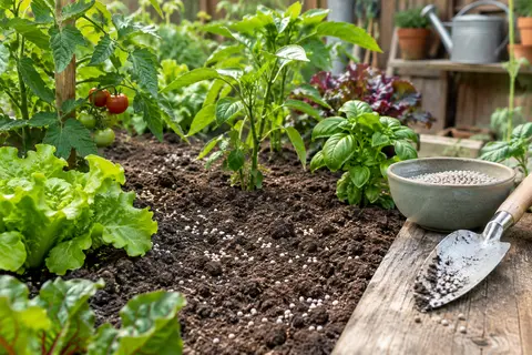 Mini-granulés d’engrais répartis sur la terre d’un potager près de jeunes plants et d’un outil de jardinage.