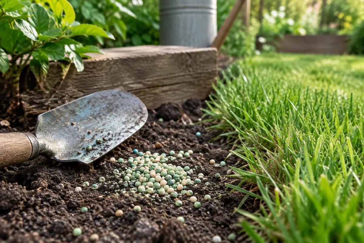 Granulés d’engrais pour gazon près d’une pelouse dans un jardin cultivé aux verts nuancés