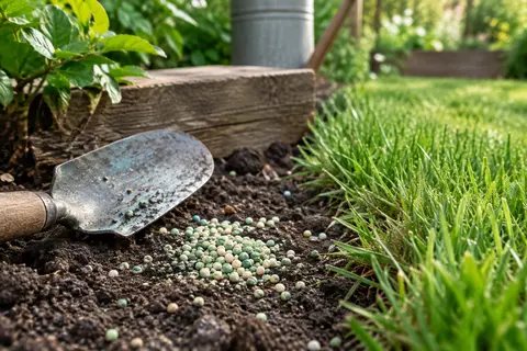 Granulés d’engrais pour gazon près d’une pelouse dans un jardin cultivé aux verts nuancés