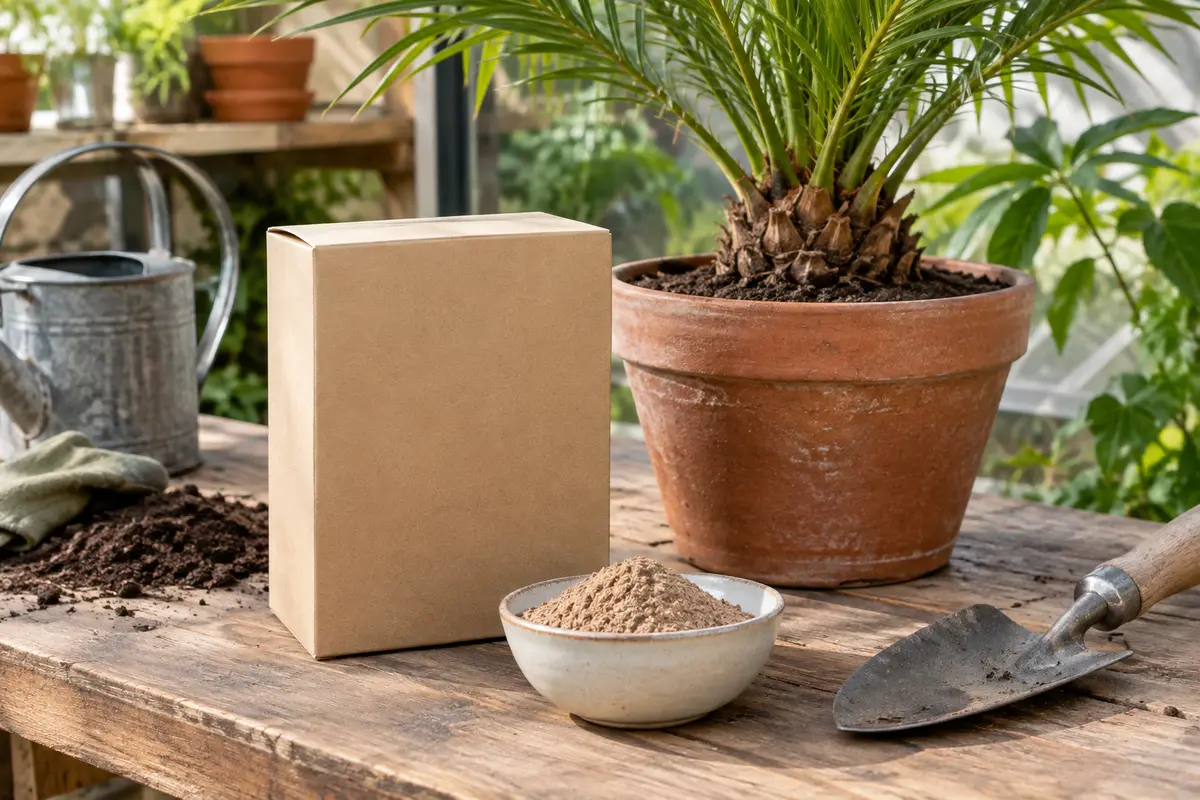 Engrais en poudre pour palmiers présenté dans un atelier de jardin lumineux, près d’un palmier et d’un outil