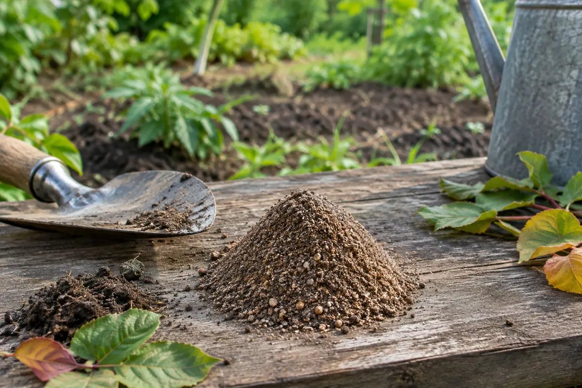 Poudre d’engrais sang et corne posée près d’une parcelle de potager et d’un outil de jardin