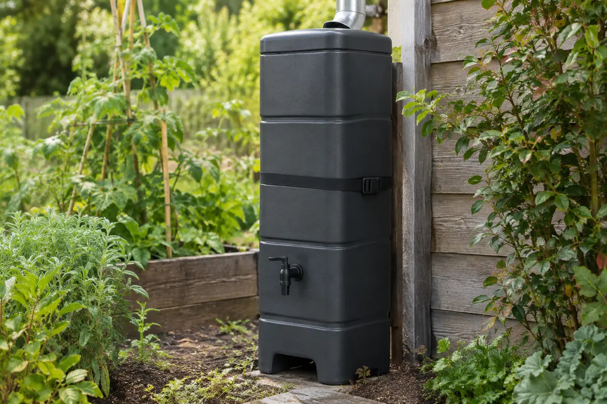Récupérateur d’eau de pluie rectangulaire anthracite avec robinet, pied et sangle dans un jardin
