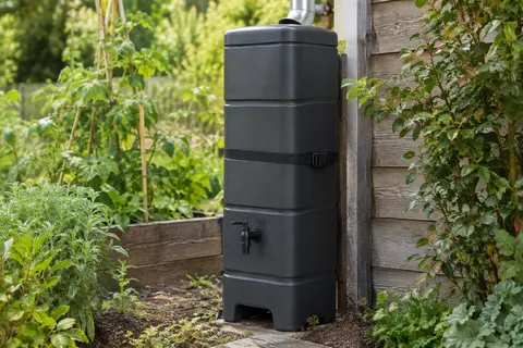 Récupérateur d’eau de pluie rectangulaire anthracite avec robinet, pied et sangle dans un jardin