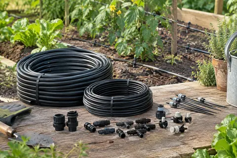 Tuyaux, goutteurs réglables et raccords du kit d’irrigation disposés près d’un potager