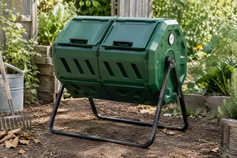 Composteur rotatif vert à deux chambres avec thermomètre, installé dans un jardin cultivé