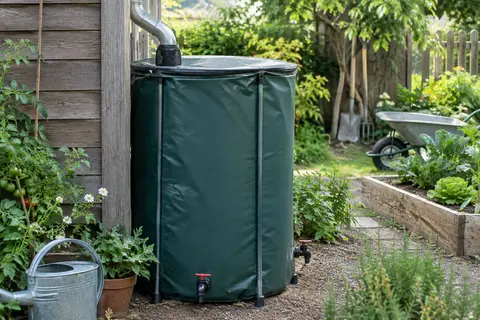 Récupérateur d’eau de pluie pliable avec filtre et robinets, installé dans un jardin près d’une gouttière.