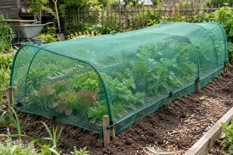 Filet anti-grêle vert tendu au-dessus de cultures dans un potager, sur une structure de soutien