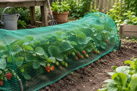 Filet vert à maille carrée posé au-dessus de fraisiers dans un jardin cultivé