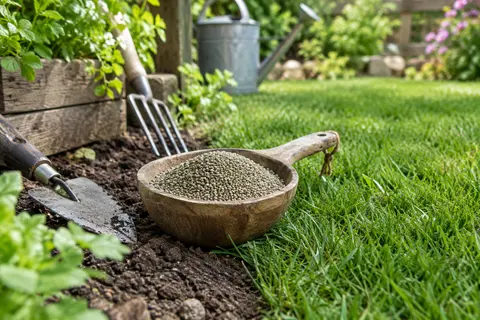 Granulés d’engrais pour gazon présentés près d’une pelouse entretenue dans un jardin lumineux