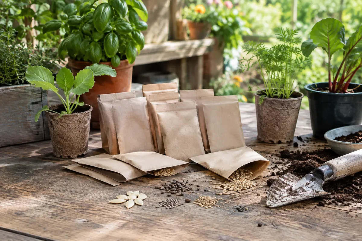 Assortiment de sachets de graines potagères près de jeunes pousses en pots sur une table de jardin