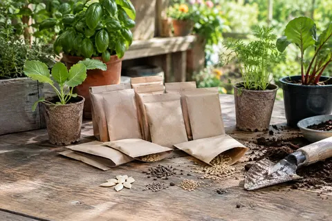 Assortiment de sachets de graines potagères près de jeunes pousses en pots sur une table de jardin