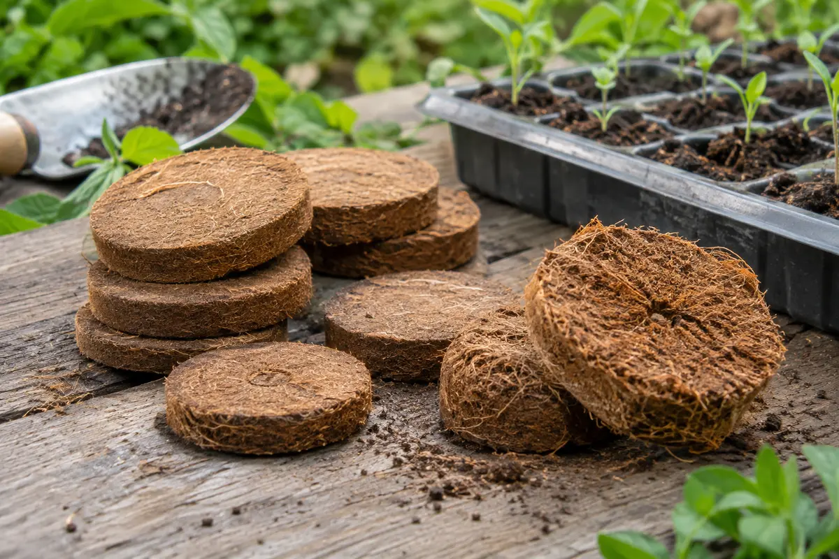 Pastilles de coco brunes, certaines gonflées, posées sur une planche de bois près d’un plateau de semis.