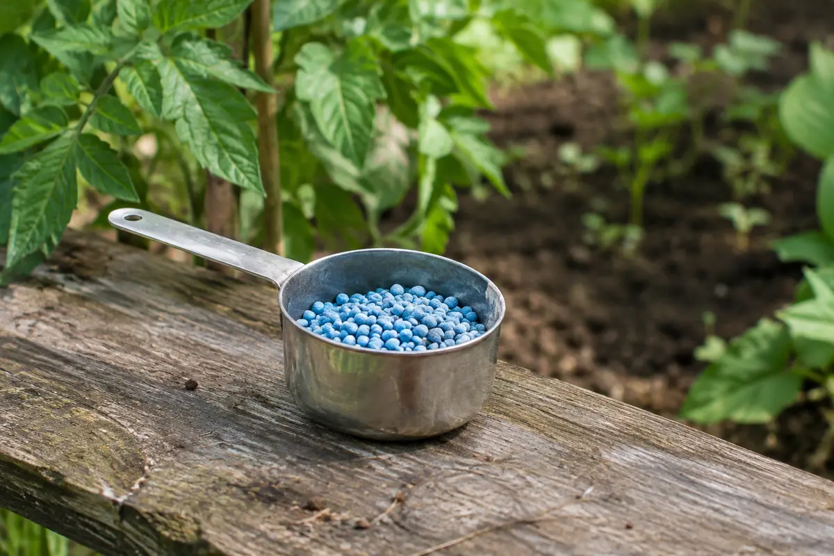 Poudre d’engrais bleue dans une mesure en métal, posée près d’un potager sur une planche de bois