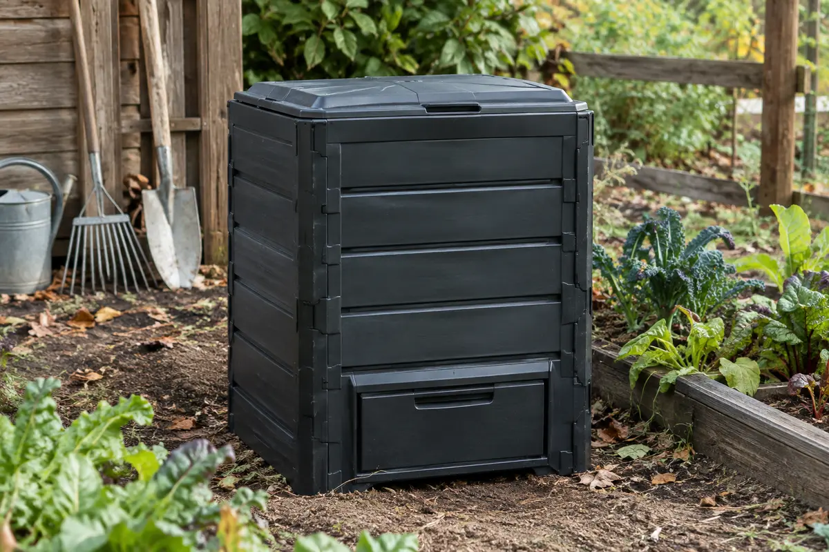 Composteur de jardin noir à couvercle et porte basse, installé près d’un potager.